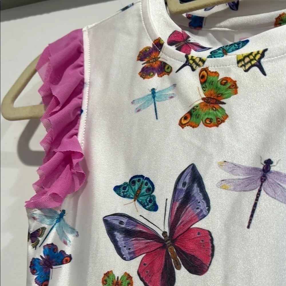 Terez garden butterfly dragon fly mesh active dress with ruffle cap sleeve 7/8
